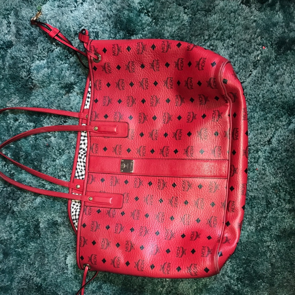 MCM Red Logo-Print Leather Tote
